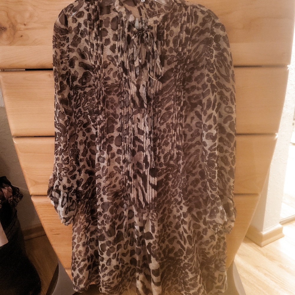 Adore Boutique oversized long bell sleeve animal print keyhole tie neckline top
